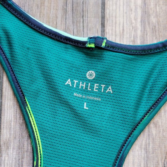 L Athleta Green Striped Sleeveless Exercise Tank with Drawstring Hem 959 - Picture 5 of 7